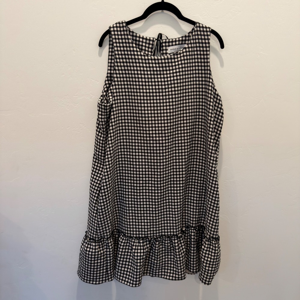 Emma & Michele Black White Gingham Ruffle Hem Shift Dress Pockets XL 19111
